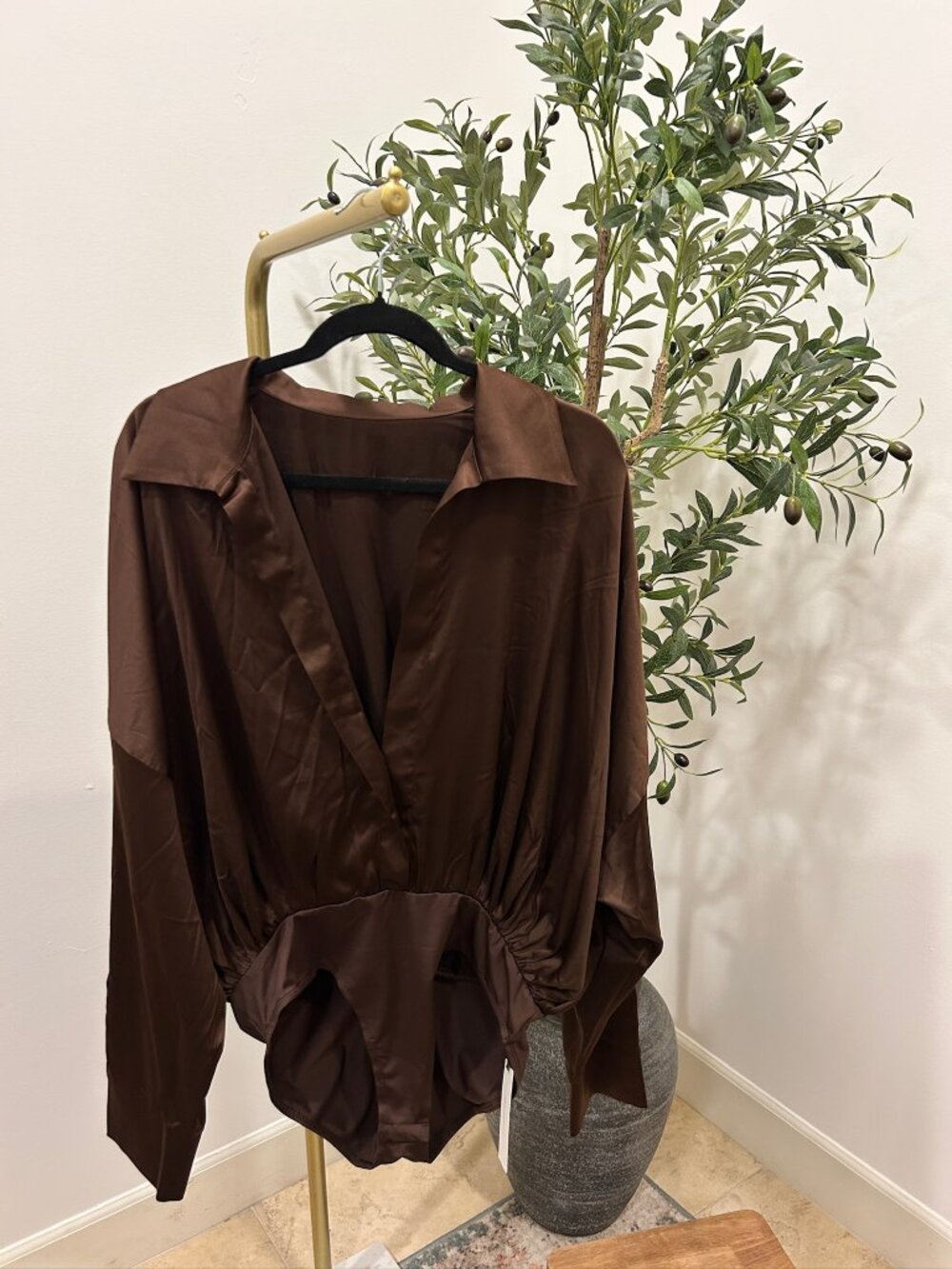 Commense Brown Satin Collared Long Sleeve Bodysuit
